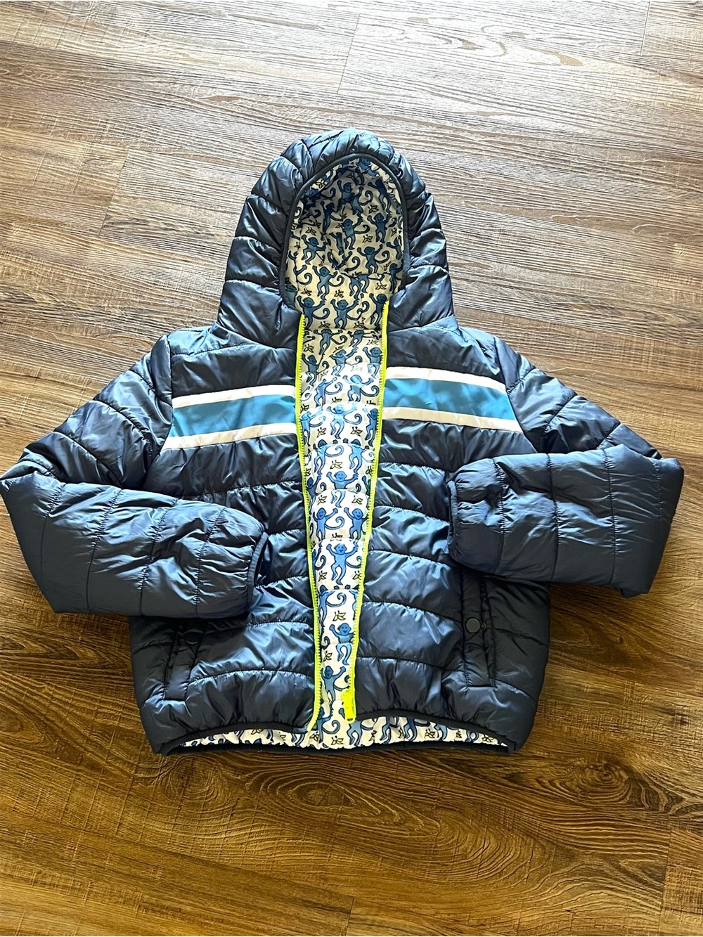 Roller Rabbit Navy Hooded Puffer Jacket with Light Blue Stripe